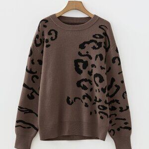 Leopard Print Asymmetric Drop Shoulder Sweater